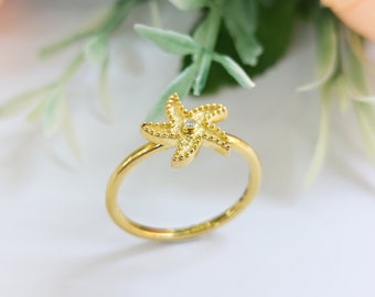 18K Gold Starfish Ring with Diamond, byzantine jewelry