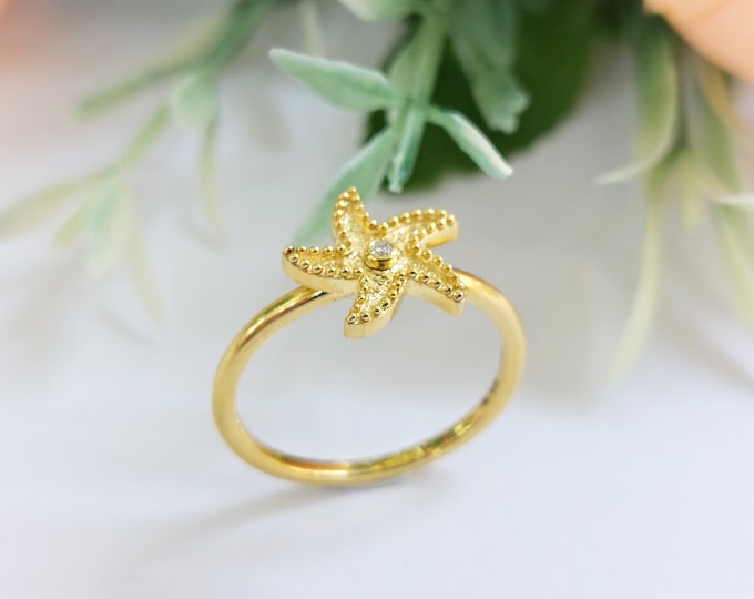 18K Gold Starfish Ring with Diamond, byzantine jewelry