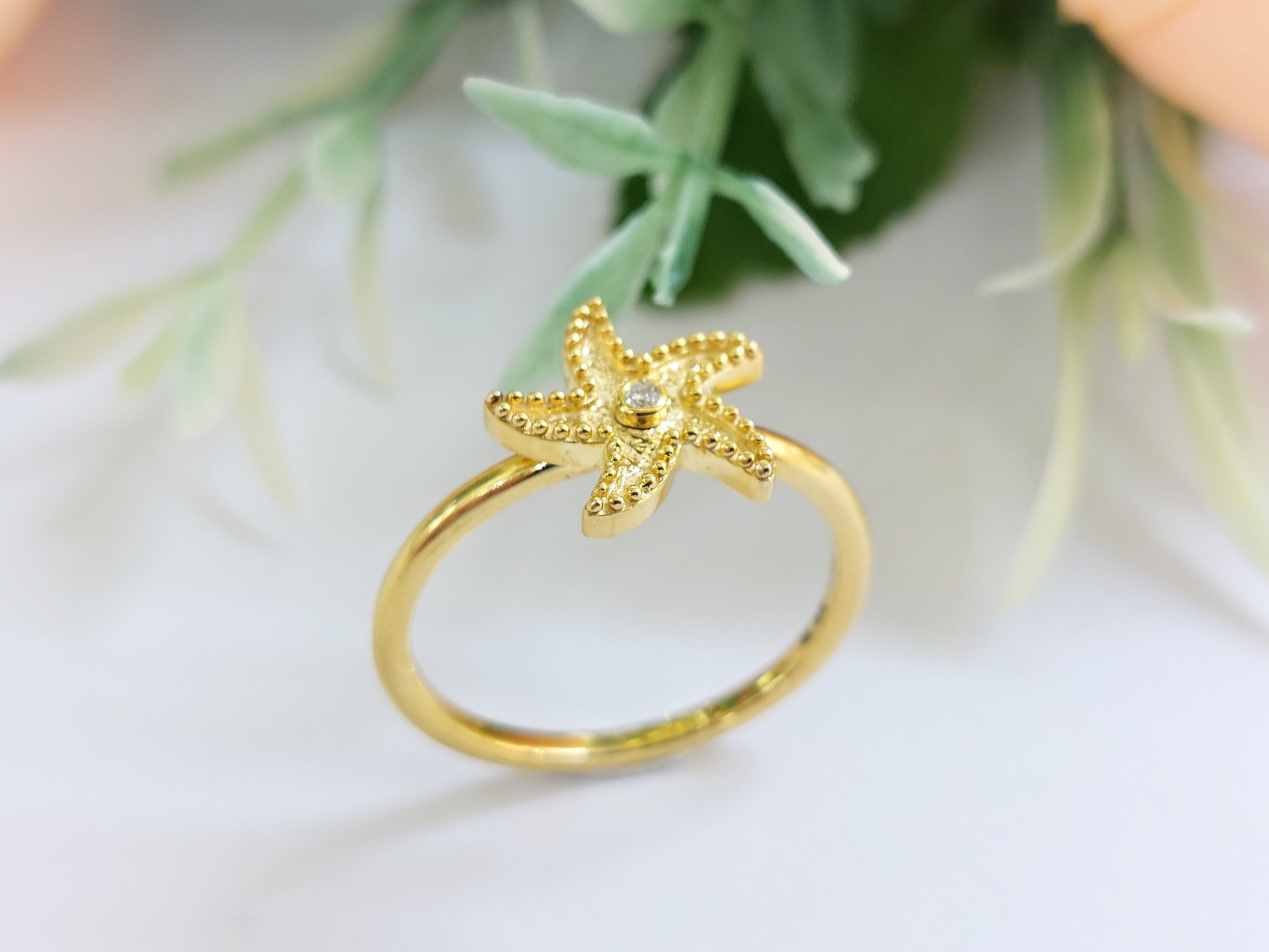 K18 Gold Starfish Ring with Diamond byzantine jewelry