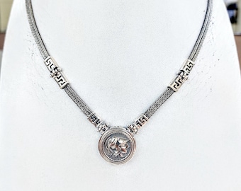Sterling Silver Athena Coin Necklace – Greek Tetradrachm in Greek Key Bezel with Woven Chain