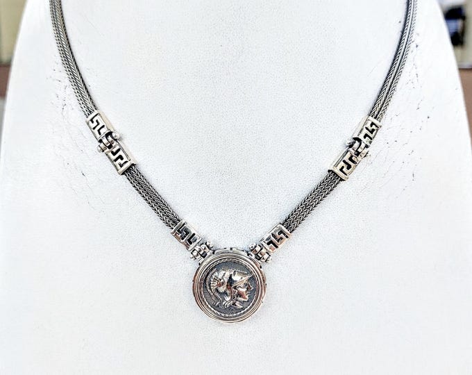 Sterling Silver Athena Coin Necklace – Greek Tetradrachm in Greek Key Bezel with Woven Chain