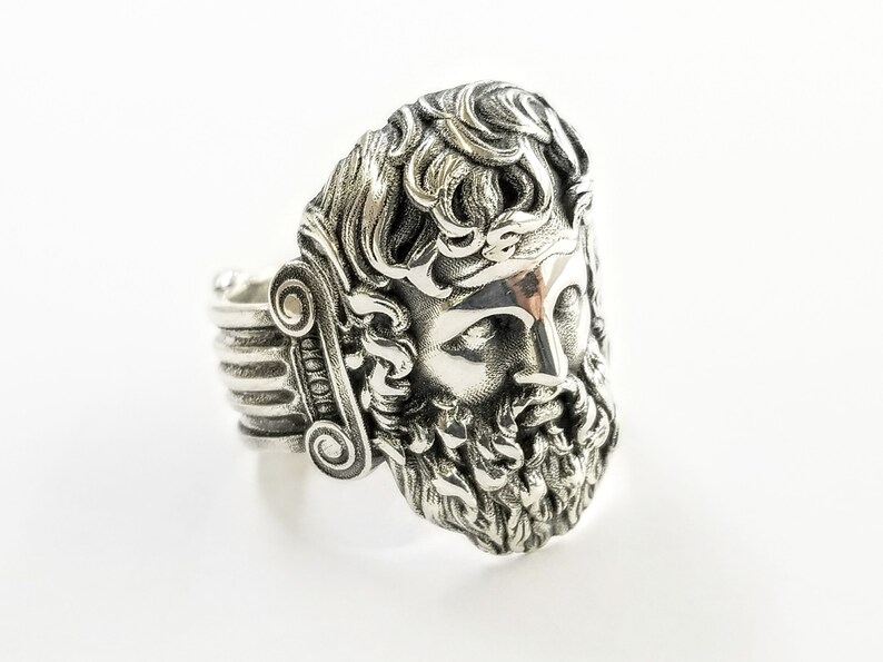 Large silver ring of Mythical God Zeus with Ionic columns decorating the shank