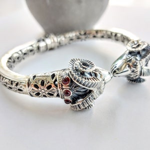Sterling Silver Ram Head Bracelet: Garnet Gemstones, Byzantine Design
