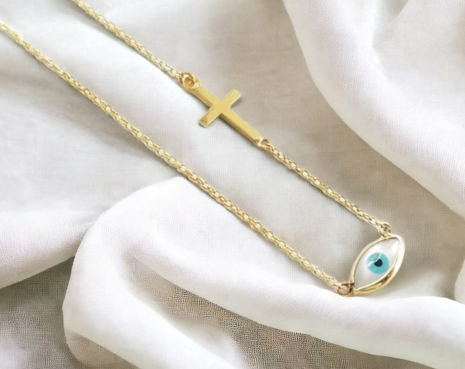 14K Gold Evil Eye Necklace with Mother of Pearl and Cross,  Off-Center Gold Cross Amulet