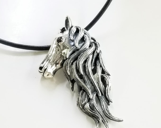 Sterling Silver Horse Pendant, Equestrian Necklace on Black Leather Cord