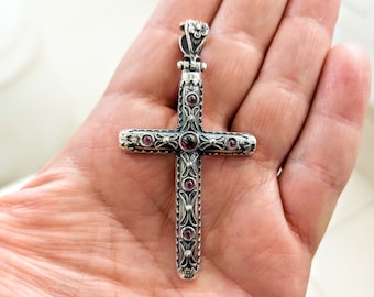 Elegant byzantine cross, sterling silver cross with garnets.