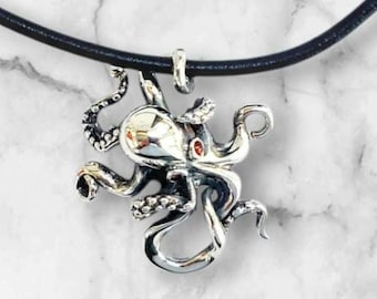 Sterling Silver Octopus Pendant for Ocean Lovers on black leather chord