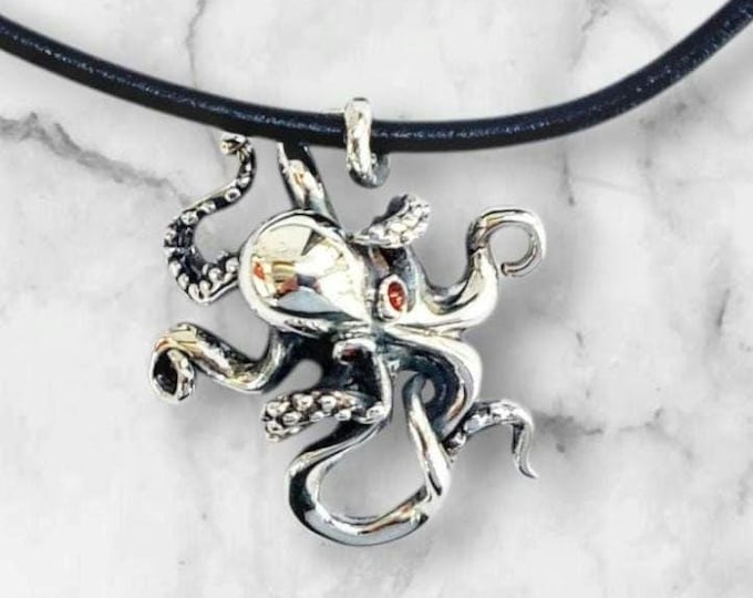 Silver Octopus Pendant for Ocean Lovers on black leather cord, kraken jewellery, sea-creature necklace