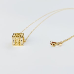 K14 gold Greek Key necklace with zircon gemstones, Greek meander necklace