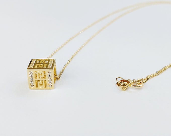 K14 gold Greek Key necklace with zircon gemstones, Greek meander nevklace