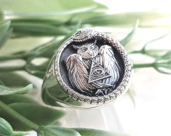 Masonic Owl Signet Ring in sterling silver with Ouroboros snake and Mystical Symbols, Gift for a Free Mason