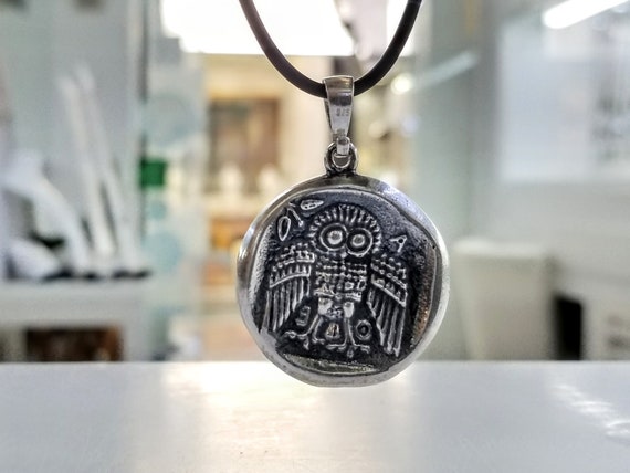 Sterling silver Goddess Athena coin replica, owl decadrachm pendant