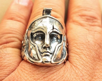 Sterling silver gladiator ring, Spartan warrior statement jewelry, Greek war helmet mens accessory