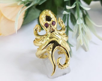 K14 Gold Octopus Ring with Gemstone Eyes, Ocean jewelry