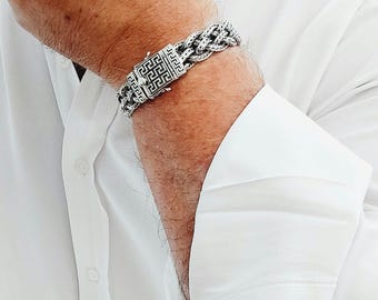 Sterling silver chain bracelet (925), hand-woven boho style with Greek Key design secure clasp, gift for him/her