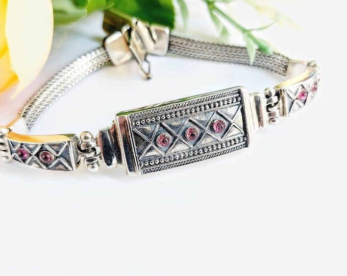 Sterling Silver Garnet Bracelet, Byzantine Chain Bracelet with Rectangular Garnet Bezel, Handwoven Silver Bracelet, Artisan Garnet Jewelry