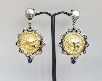 Coin earrings of Athena in two-tone sterling silver