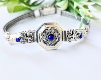 Lapis lazuli chain bracelet in sterling silver 925, vintage style lapis bracelet