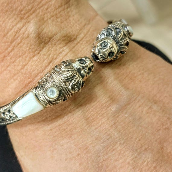 Sterling Silver Lion Head Bracelet – Byzantine Cuff, Mother-of-Pearl Inlays, Strength Symbol Jewelry