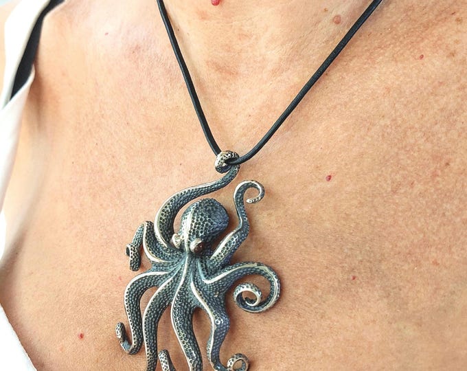 Textured Octopus Necklace in sterling silver 925, large sea-creature pendant on black leather cord, marine-life jewelry