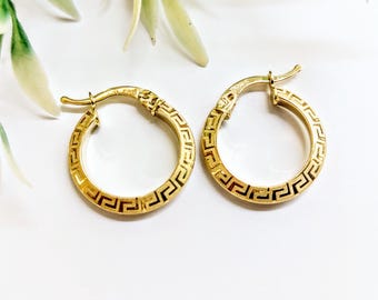 K14 gold hoop earrings with Greek key on satin finished surface