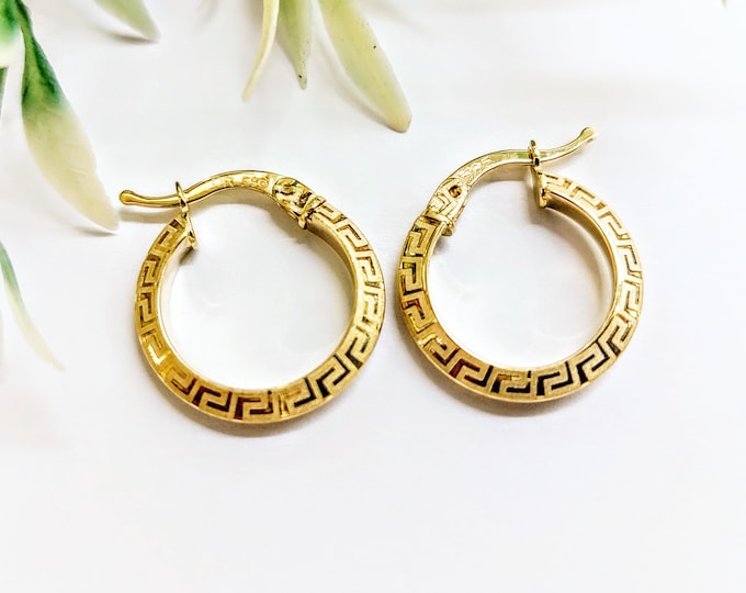 K14 gold hoop earrings with Greek key on satin finished surface