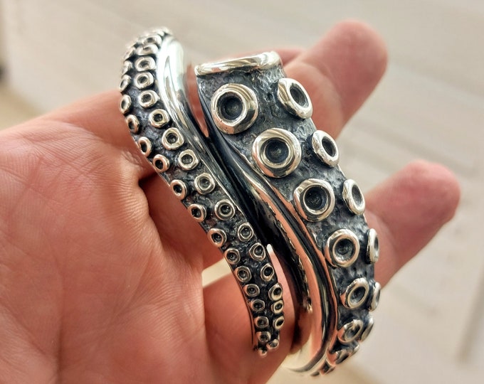 Sterling Silver Octopus Tentacle Bracelet, Nautical Cuff with Inner Perforated Detail, Ocean-Inspired Adjustable Statement Jewelry