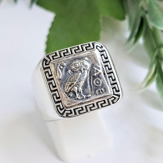 Athena owl signet ring, replica coin jewellery in sterling silver 925