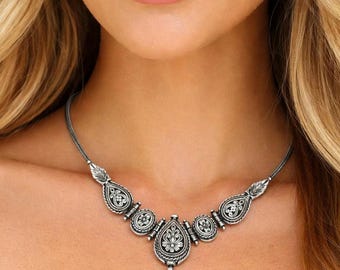Silver necklace with perforated byzantine themes- boho style choker