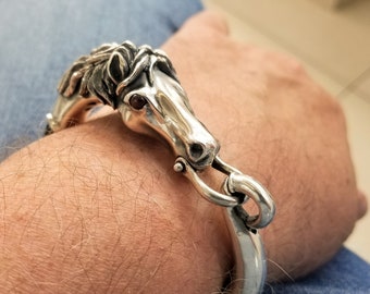 Silver stallion: Horse bracelet on black leather cord