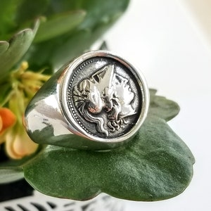 Signet ring of Athena coin in sterling silver 925, coin ring.