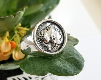 Athena coin signet ring in solid silver 925, silver coin ring.