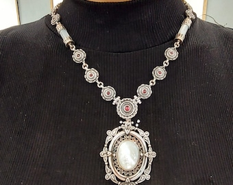 Baroque silver necklace adorned with mother of pearl and garnet gemstones, fine byzantine jewelry