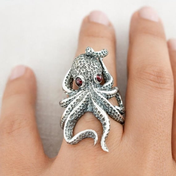 Octopus ring in sterling silver with textured skin and oxidized finish, marine-life jewellery