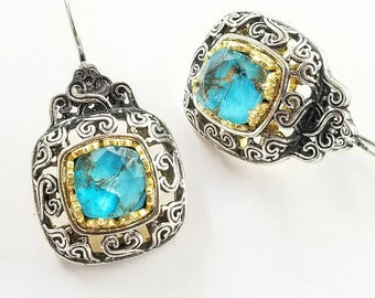 Turquoise earrings in silver with gold filled bezels, byzantine style earrings.