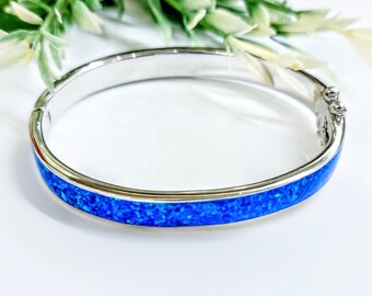 Handmade Sterling Silver Cuff Bracelet with Kyocera Opal Inlay, smooth comfort fit lining, stackable bangle