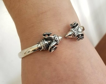Sterling silver ram bracelet, flexible bangle with aries heads