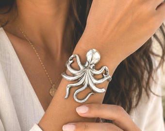 Octopus Bracelet Sterling Silver 925, Octopus Cuff Bracelet, Ocean Lover Gift, Nautical Jewelry, Marine Life Accessory, Adjustable Cuff