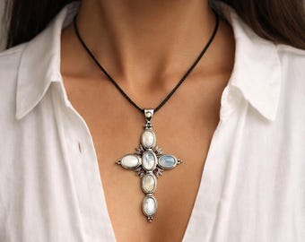 Sterling silver cross pendant with mother of pearl inlays and garnets, handmade byzantine religious jewelry