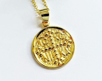 14K gold byzantine coin, Jesus Christ Conquers and Saints Constantine and Helen, religious necklace.