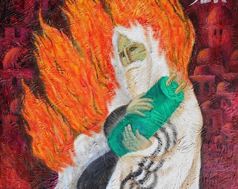 Original Art Decorative Abstract Painting Jewish  Burning Bush Modern Art Ready to Hang by Leon Zernitsky