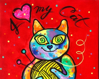 Cute Happy Funny Cat, Baby Nursery art, Gift for cat lover, Animal ORIGINAL painting, Colourful  Wall Art , Wall decor, Acrylic Painting