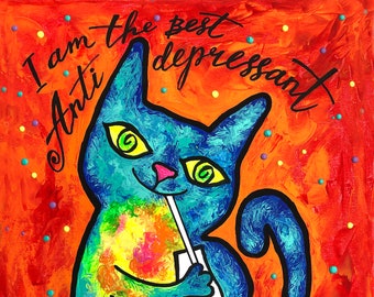 Cute Smart CAT, present for Cats lover, Cats - best, Antidepressant, Animal Print, Colourful Abstract  Art , Wall decor, Acrylic Painting