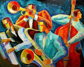 Large Wall Decor Jazz Music Canvas Abstract Stretched Ready to Hang Decorative Print Living room Modern Art by Leon Zernitsky