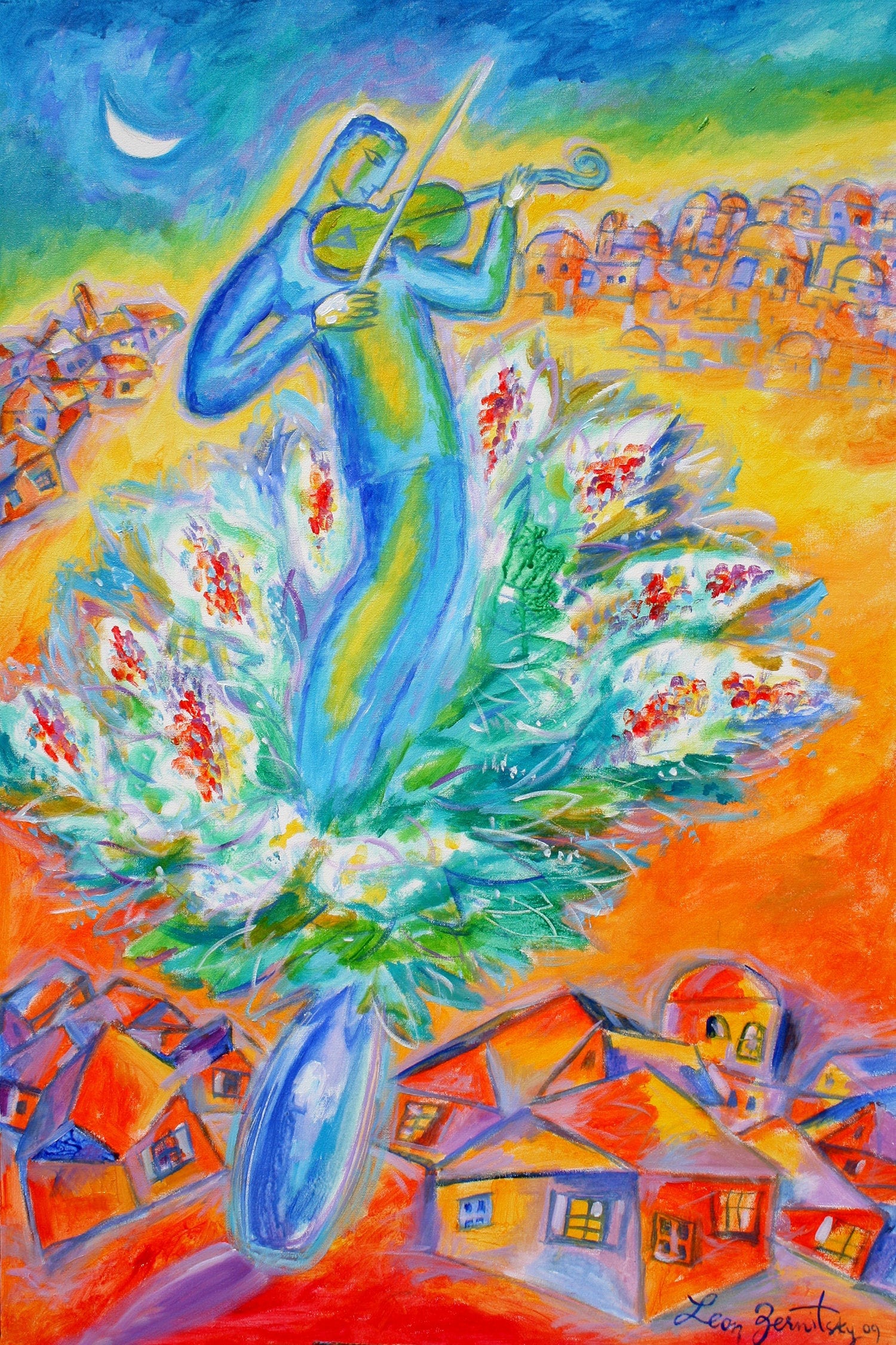 Shabbat Shalom Stretched Jewish Home Wall Decor Chagall style Canvas