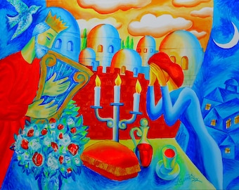 Stretched Canvas Print Abstract King David Jewish Home Wall Decor Chagall style Shabbat Modern Art Ready to Hang by Leon Zernitsky