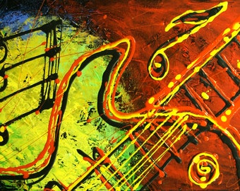 Custom made 60”x30” Large Home Wall Decor Jazz Music Guitar Abstract Stretched Decorative Print Living room Modern Art by Leon Zernitsky