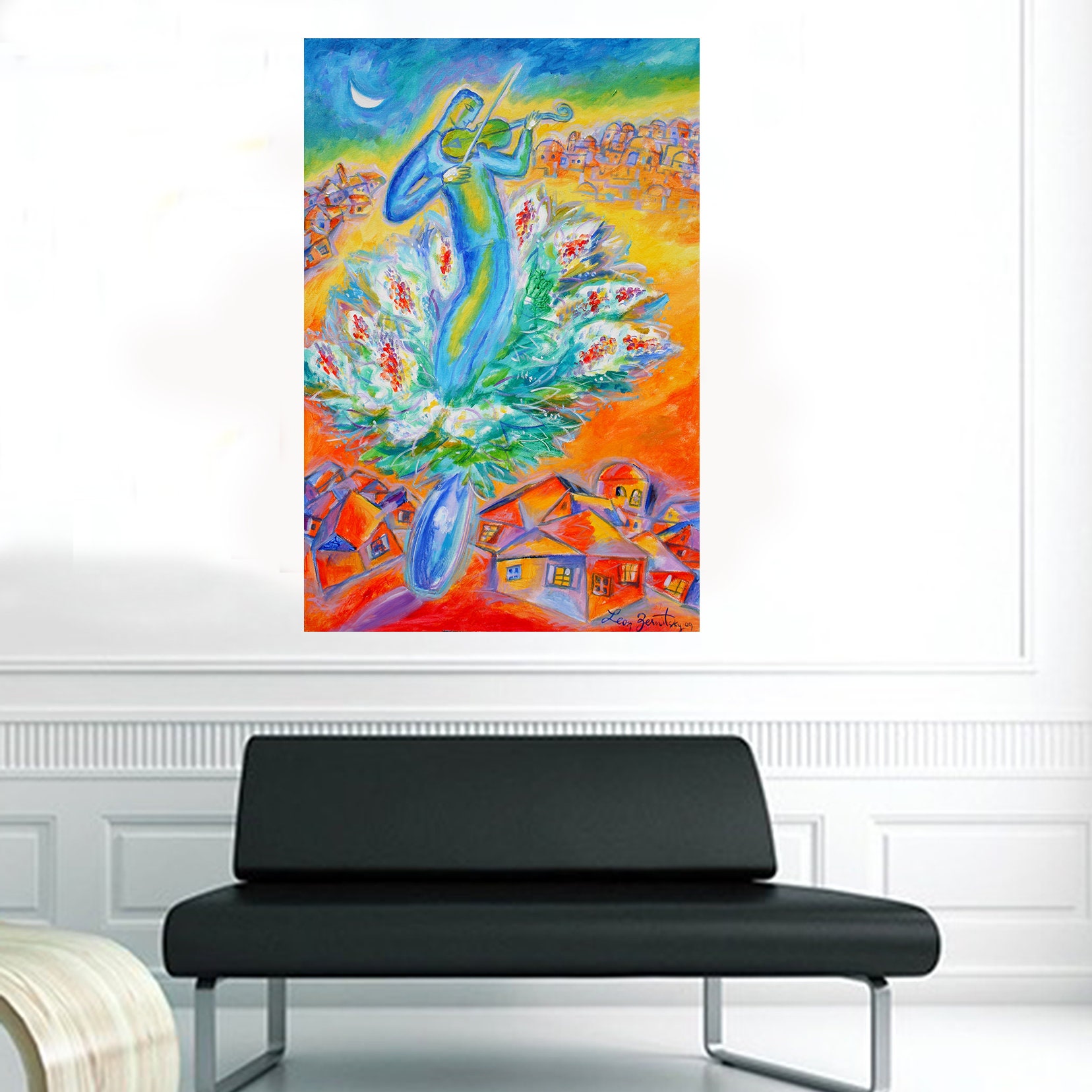 Shabbat Shalom Stretched Jewish Home Wall Decor Chagall style Canvas