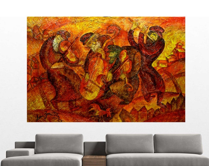 Featured listing image: Large Home Wall Decor Chagall style Klezmer Stretched Jewish Canvas Print, Decor Judaica  Modern Art, Ready to Hang by Leon Zernitsky