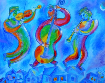 Canvas Art Klezmer Stretched Jewish Home Wall Decor Canvas Print Abstract Chagall style  Modern Art Ready to Hang by Leon Zernitsky